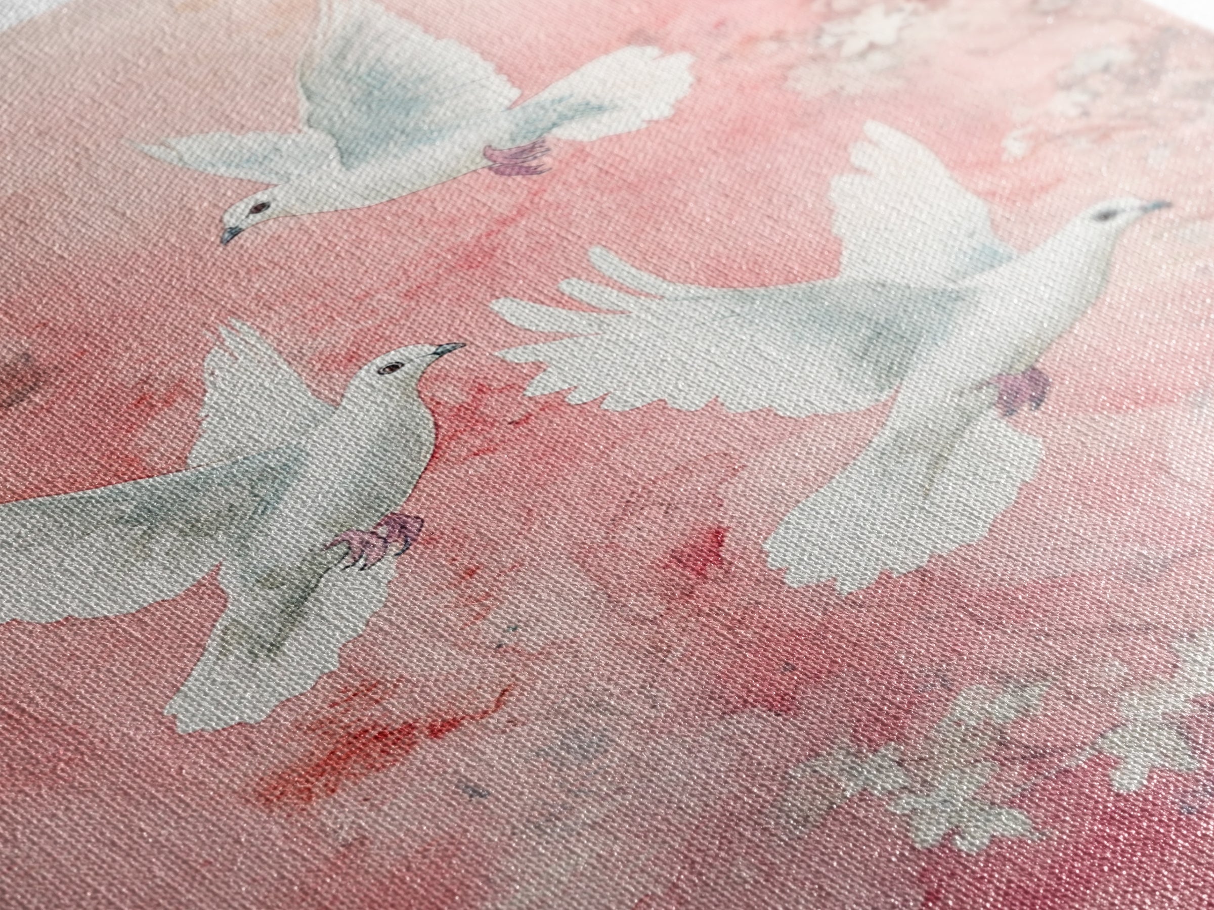 Cherry Blossom Art with Peaceful Doves Framed Canvas Print, Angelic Bird Art Pink Decor, Whimsical Bedroom or Living Room Gift