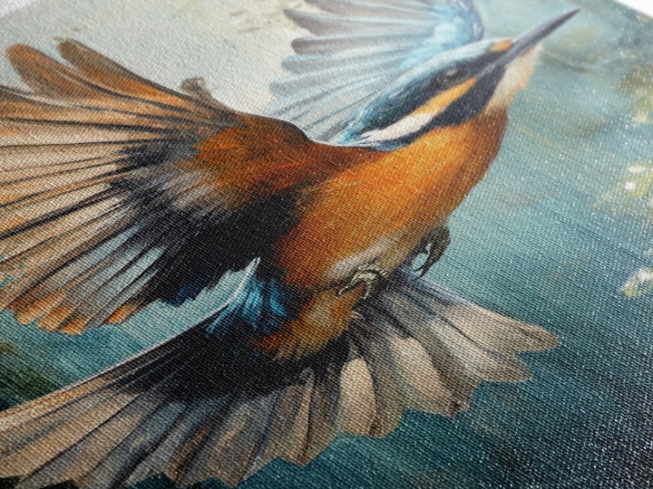 Blue Kingfisher Bird Canvas Print | Vibrant Nature Painting Wall Art | Wildlife Rustic Art Above Sofa | Whimsical Bird Original Artwork