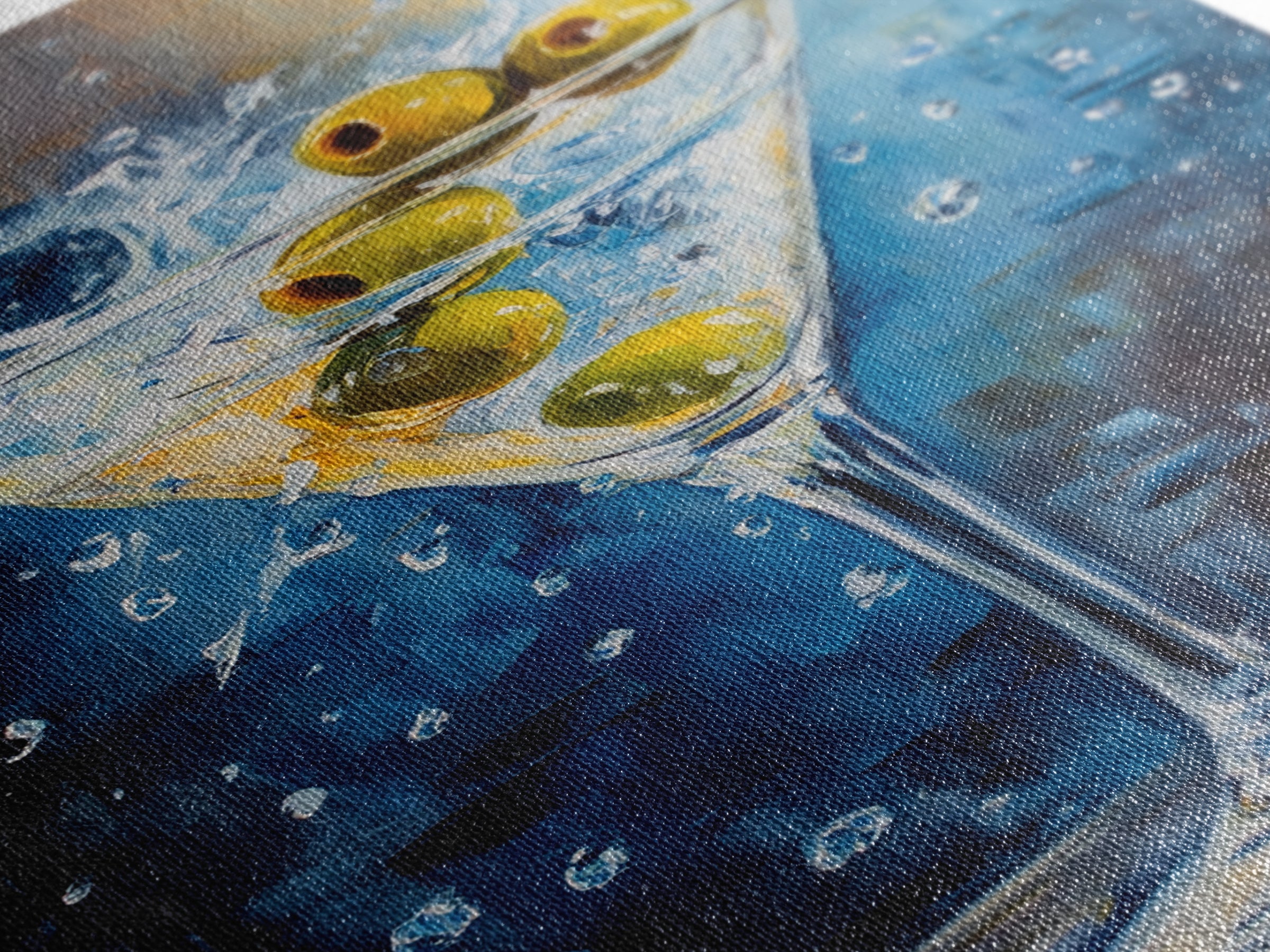 Elegant Olive Martini Framed Canvas Print with Vibrant Cocktail Art for Living Room or Kitchen, Rustic Home Decor