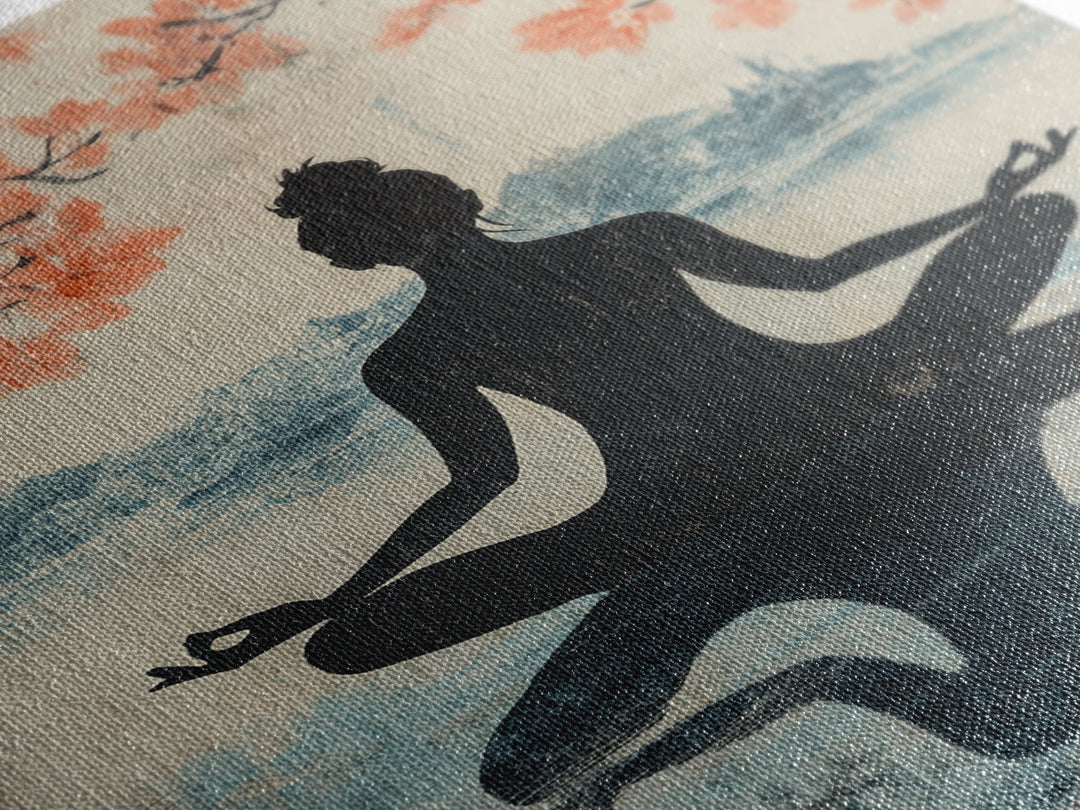 Cherry Blossom Canvas Print Featuring Zen Silhouette, Oriental Inspired Wabi Sabi Art, Minimalist Yoga Wall Art for Tranquility