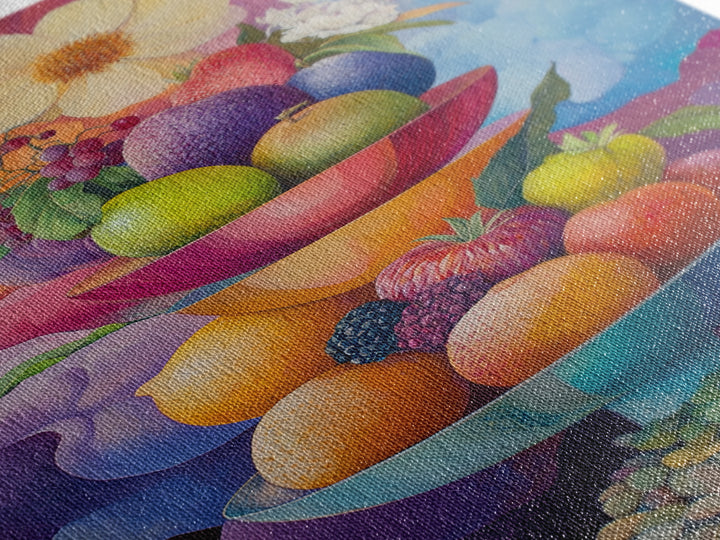 Colorful Fruit Bowl Canvas Print Featuring Still Life Painting, Whimsical Kitchen Art, Vibrant Food Review Wall Art for Dining Spaces
