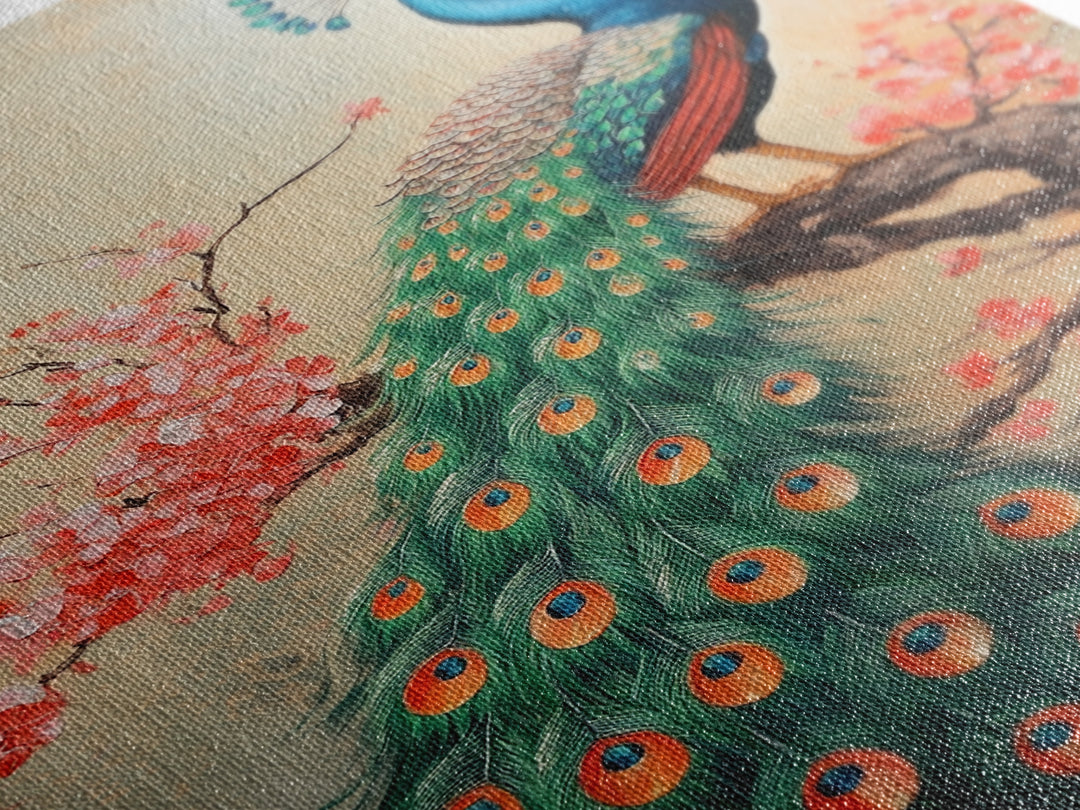 Peacock Canvas Print with Cherry Blossom Painting, Vibrant Oriental Art, Rustic Chinoiserie Wall Decor, Bold Statement Piece for Living Room
