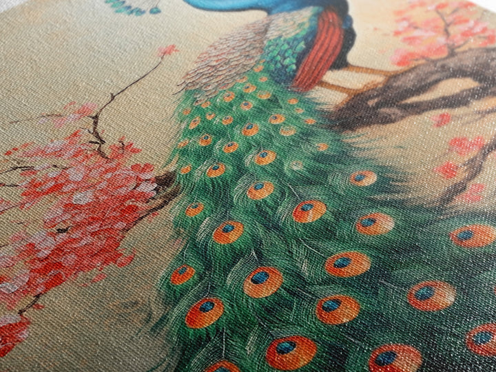 Peacock Canvas Print with Cherry Blossom Painting, Vibrant Oriental Art, Rustic Chinoiserie Wall Decor, Bold Statement Piece for Living Room