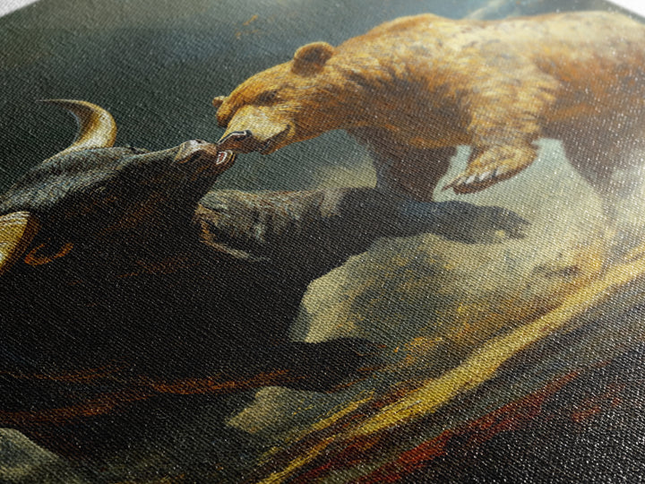 Bull and Bear Clash Framed Canvas Print Rustic Wall Art Gift Idea Financial Decor Wild Animals Artwork Moody Wall Art Rustic Living Room Decor