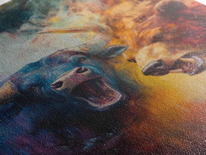 Bull and Bear Duel Framed Canvas Print Vibrant Moody Art Rustic Wall Art Unique Gift Idea Living Room Decor Animal Art Financial Market Theme