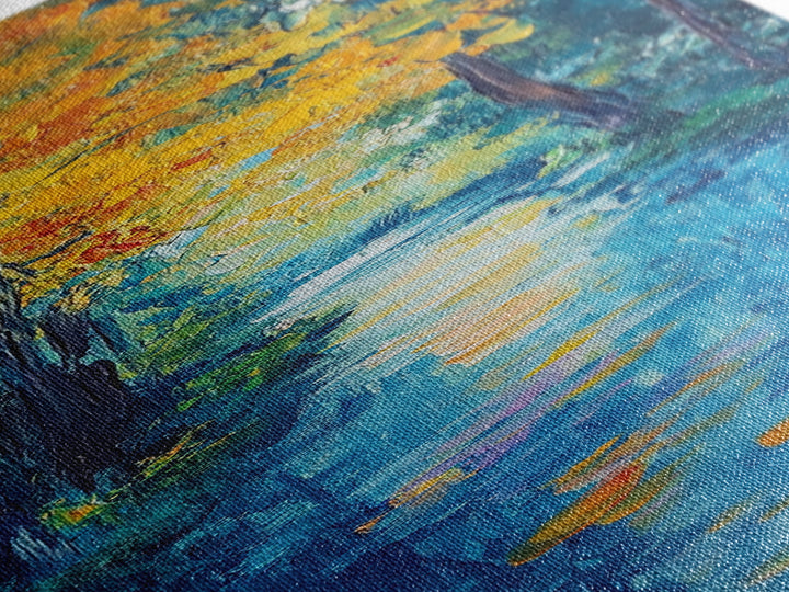 Autumn Reflection, fall painting, birch tree art, mountain painting, rustic wall art, panoramic art, Framed Canvas Print