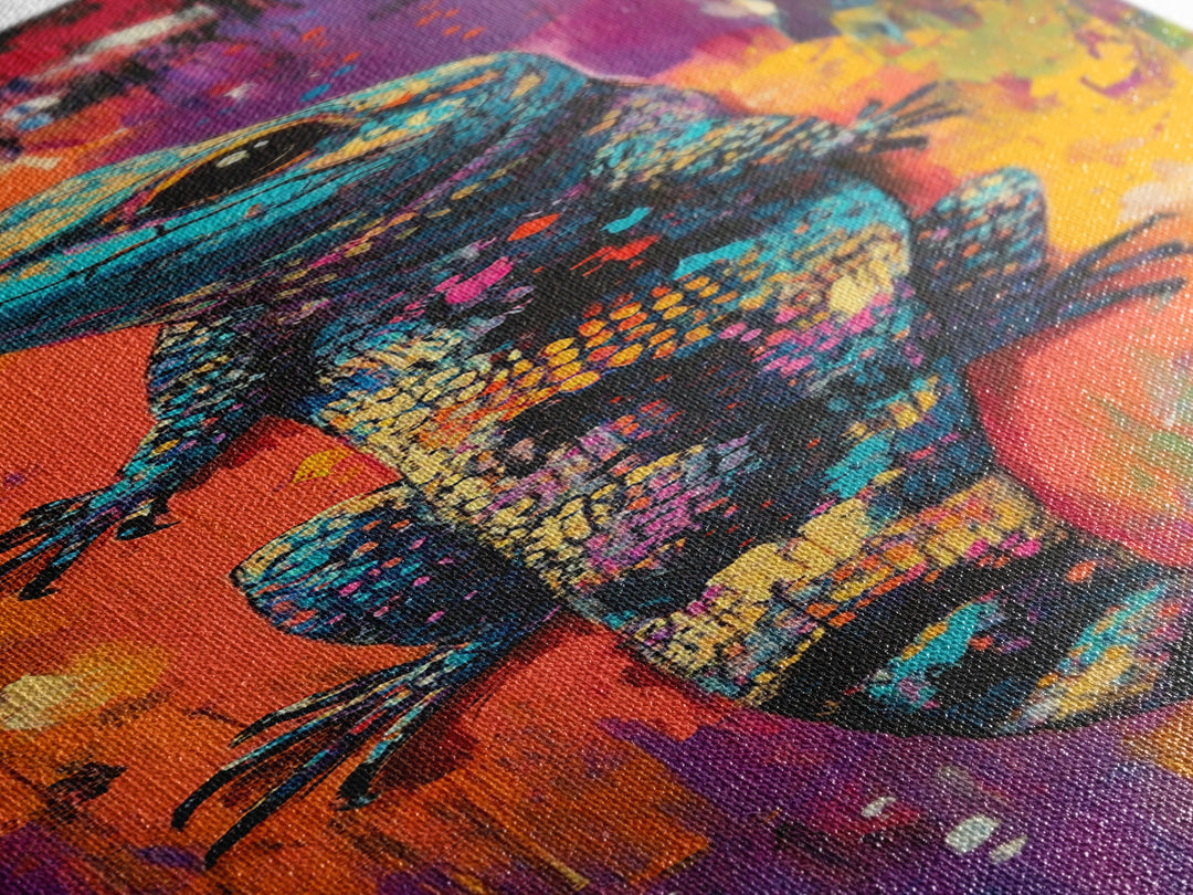Colorful Lizard, whimsical art, chicano art, boho art, blotter art, psychedelic painting, extra wide art, Framed Canvas Print
