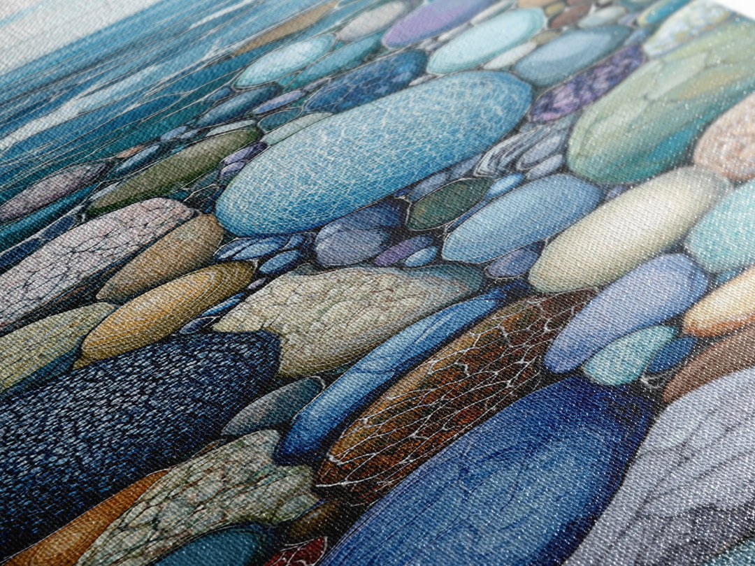 Pebble Beach, mosaic wall art, coastal decor, nautical painting, blue and green wall art, extra wide art, Canvas Print, above sofa art