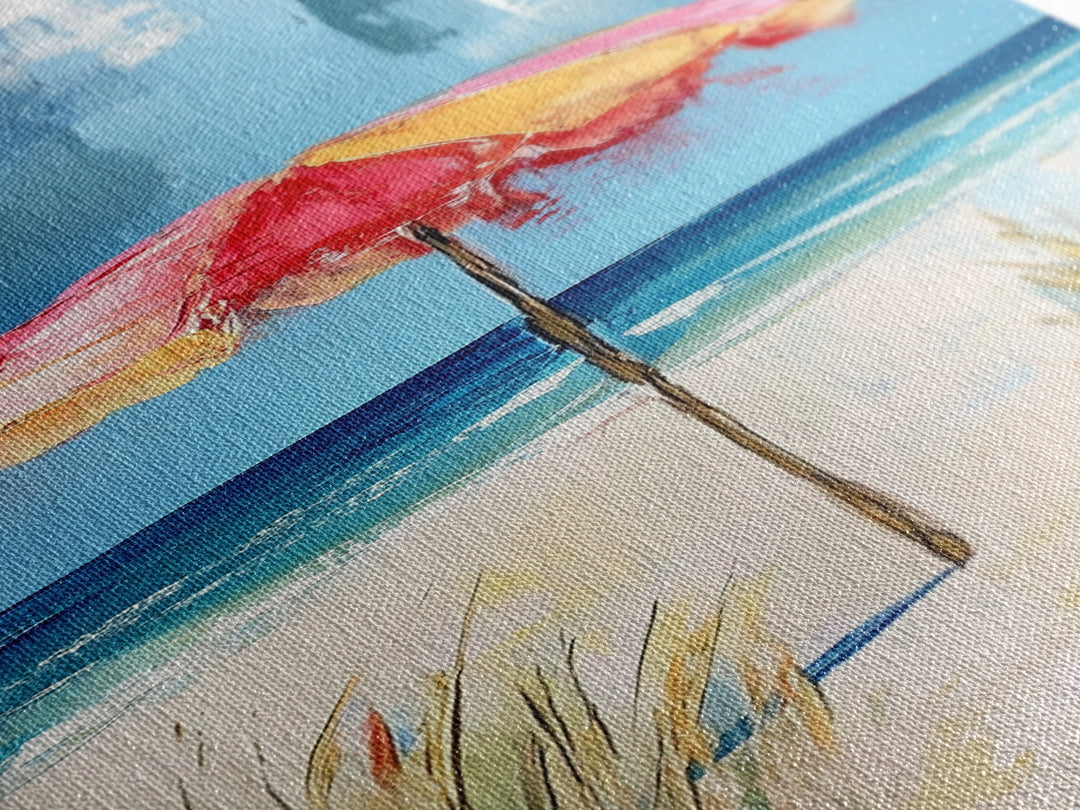 Beach Umbrella, Ocean Breeze, Coastal Decor, Surf Wall Art, Nautical Painting, Coastal Wall Art, Framed Canvas Print, Tall Skinny Art