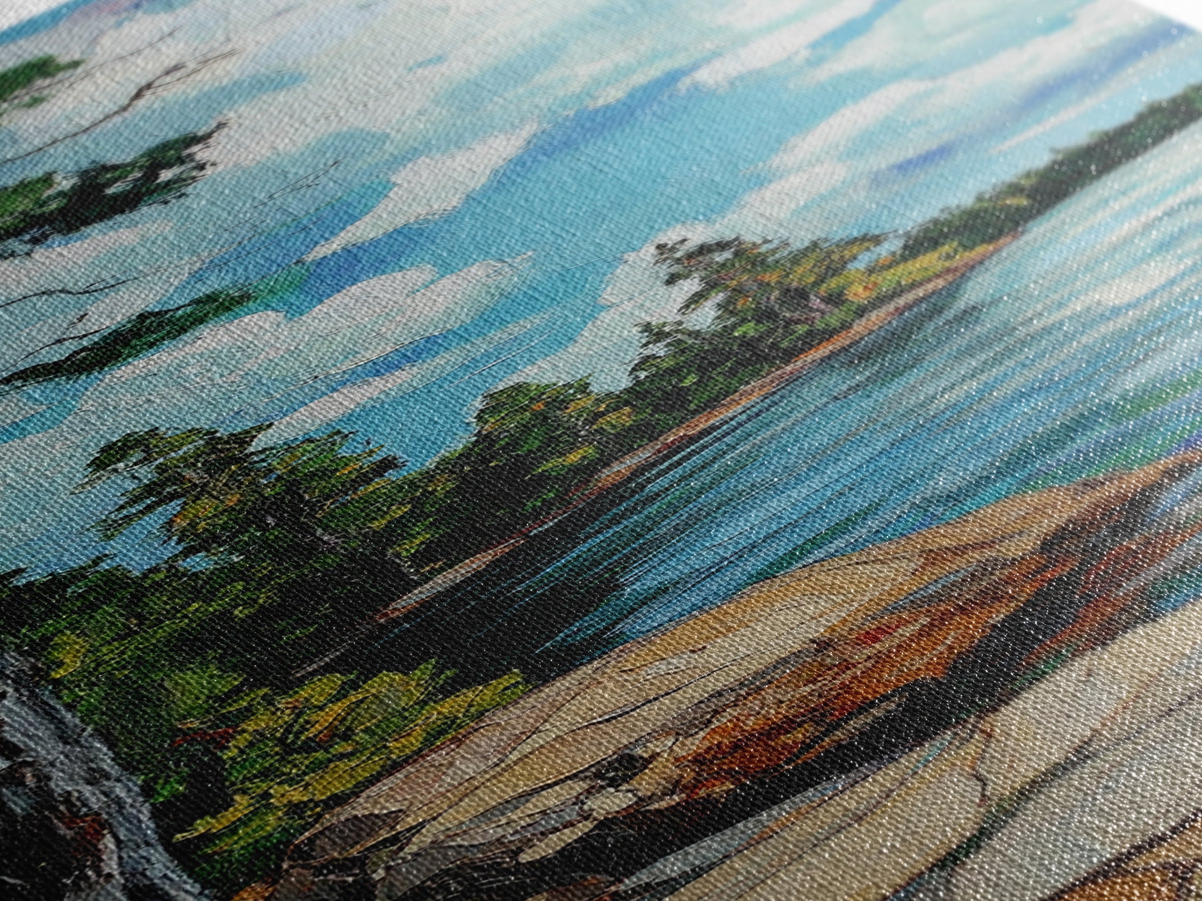 Rocky Shore, Pine Tree Art, Coastal Landscape, Nautical Painting, Blue and Green Wall Art, Framed Canvas Print,