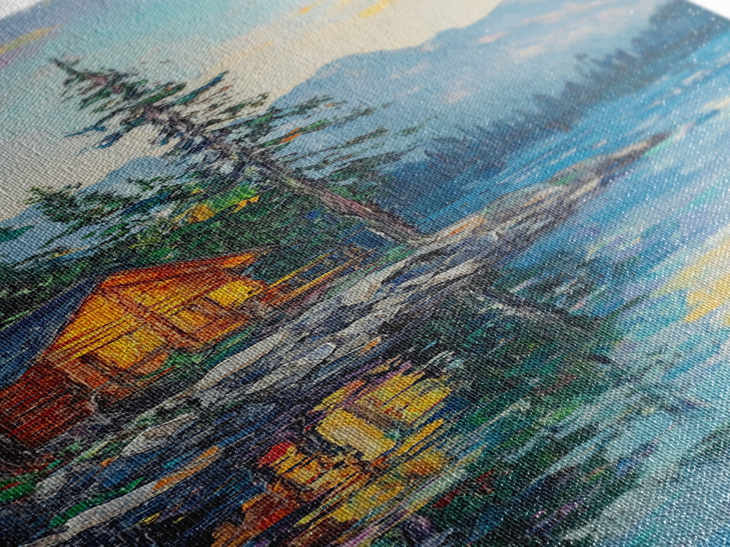 Cabin Retreat, Lake Tahoe Art, Rustic Landscape, Mountain Painting, Pine Tree Art, Framed Canvas Print