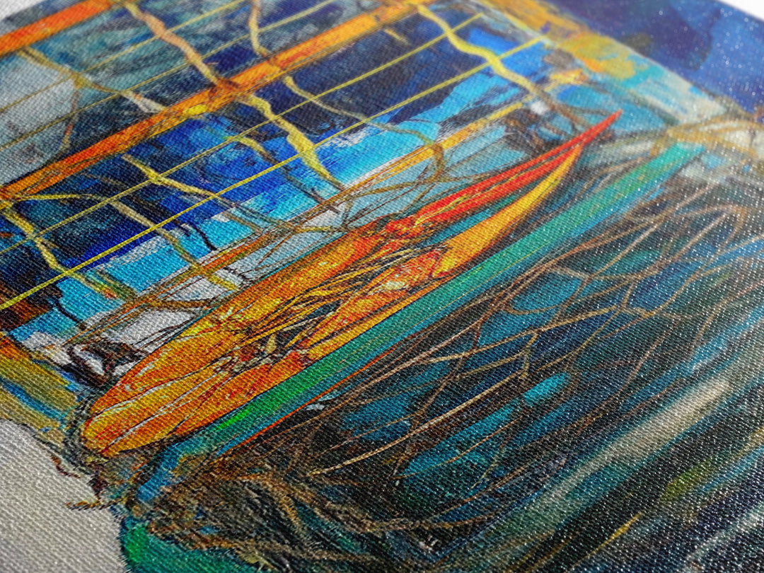 Crayfish painting, nautical wall art, rustic art, kitchen decor, fisherman painting, blue and orange, framed canvas print, gift idea