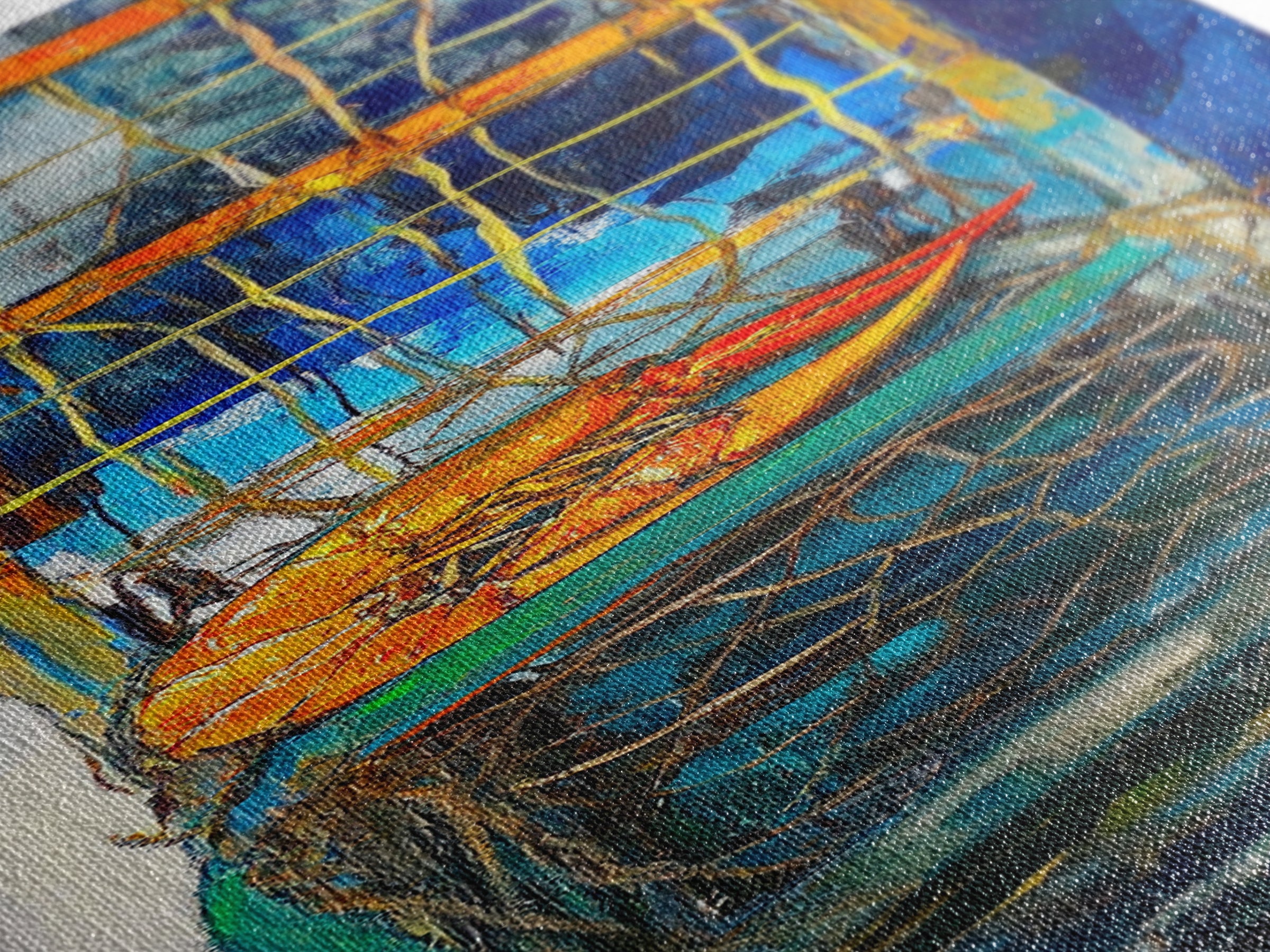 Crayfish painting, nautical wall art, rustic art, kitchen decor, fisherman painting, blue and orange, framed canvas print, gift idea