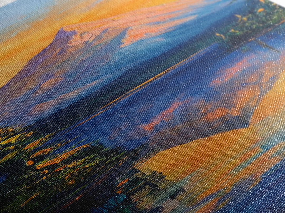 Landscape Painting, Framed Canvas Print, blue and green wall art, panoramic painting, extra wide art, mountain painting