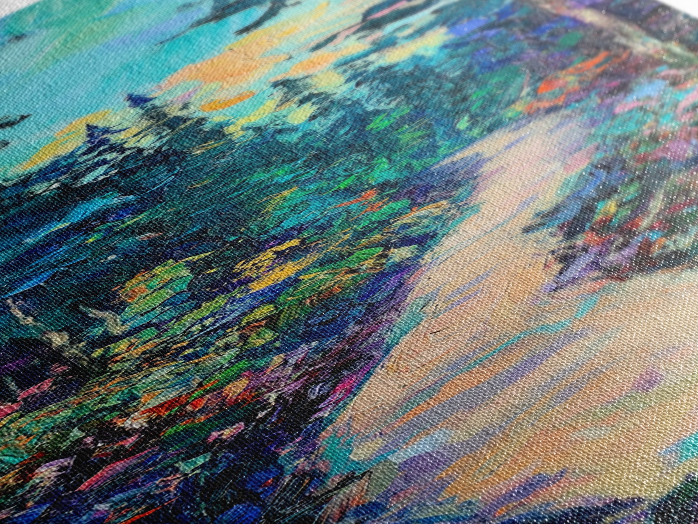 Abstract Forest Path, moody art, landscape painting, wildflower painting, pine tree art, framed canvas print, vertical wall art