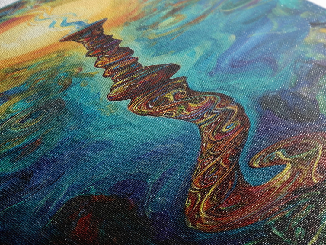 Cosmic Palm Tree, palm tree painting, pink orange wall art, tropical art, framed canvas print, psychedelic art, beach house decor