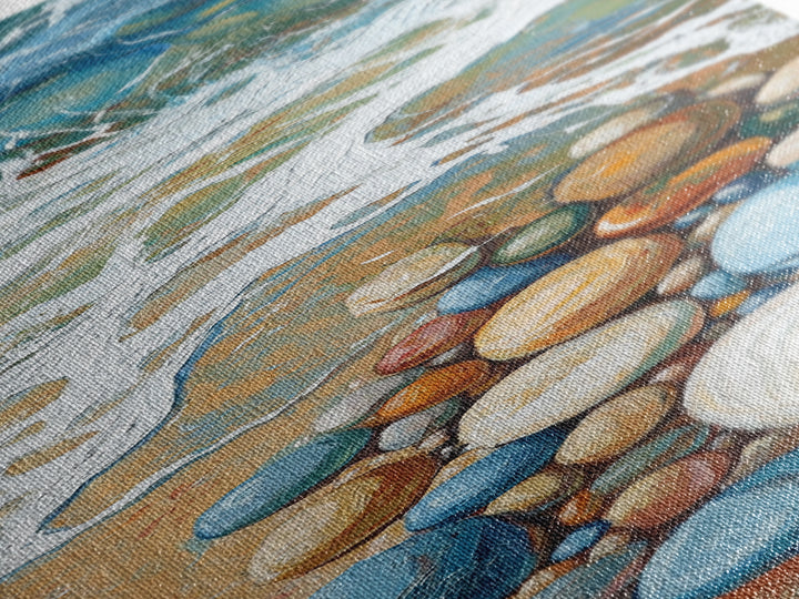 Pebble Beach Art, coastal painting, framed canvas print, beach house decor, nautical wall art, blue and green wall art