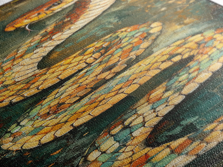 Coiled Snake, Wildlife Painting, Moody Art, Rustic Decor, Extra Wide Art, Above Sofa Art, Living Room Art, Framed Canvas Print