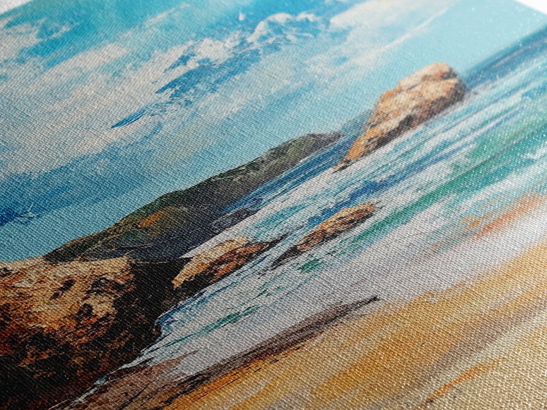 Coastal Beach, Ocean Waves, Rocky Shore, Framed Canvas Print, coastal decor, nautical wall art, seascape painting, rustic art