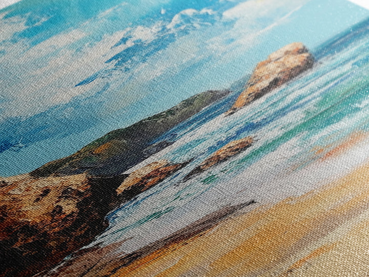 Coastal Beach, Ocean Waves, Rocky Shore, Framed Canvas Print, coastal decor, nautical wall art, seascape painting, rustic art