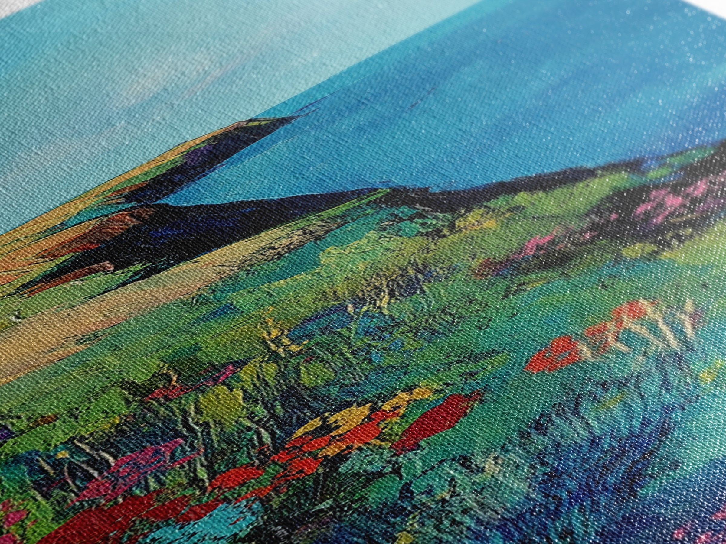 Coastal cliffs, Ireland painting, wildflower painting, landscape painting, framed canvas print, extra wide art