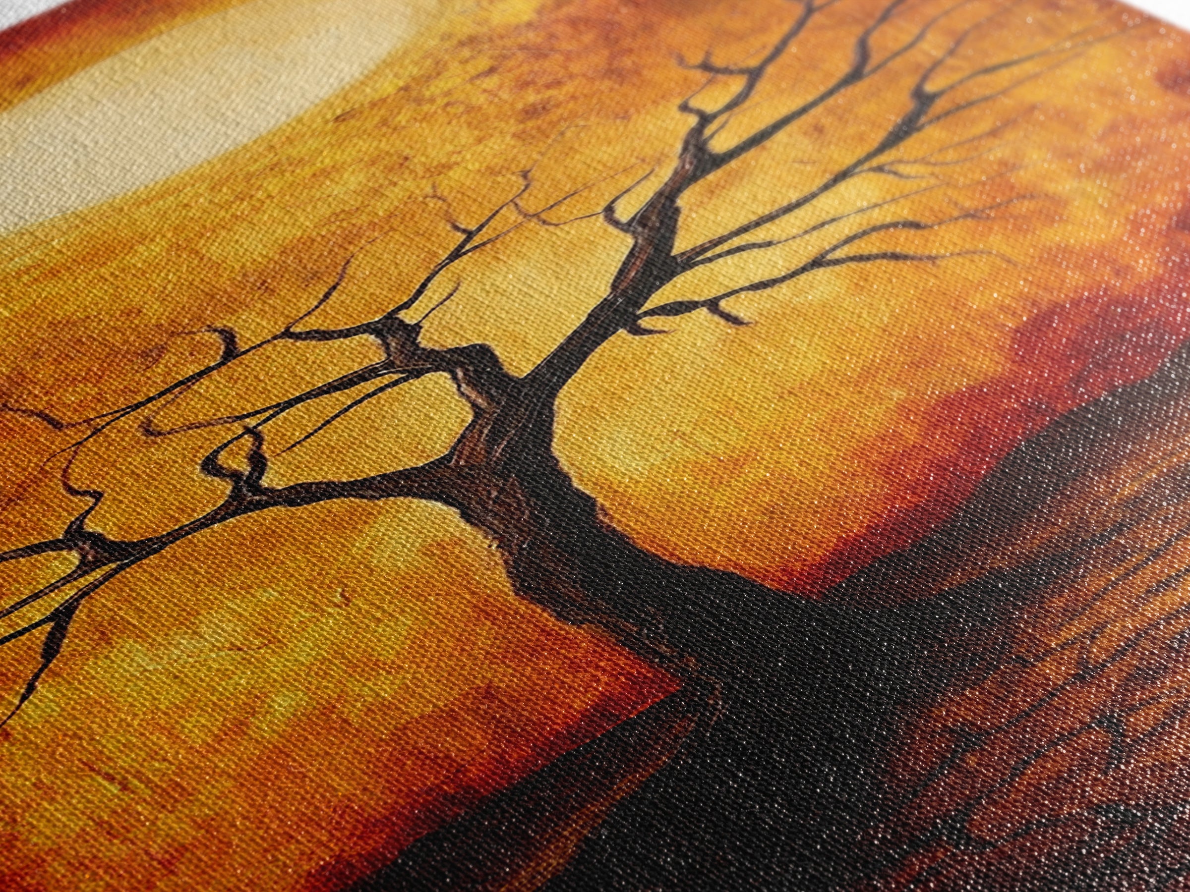 Sunset Tree, moody art, wabi sabi art, pine tree art, autumn painting, framed canvas print, dark romance painting