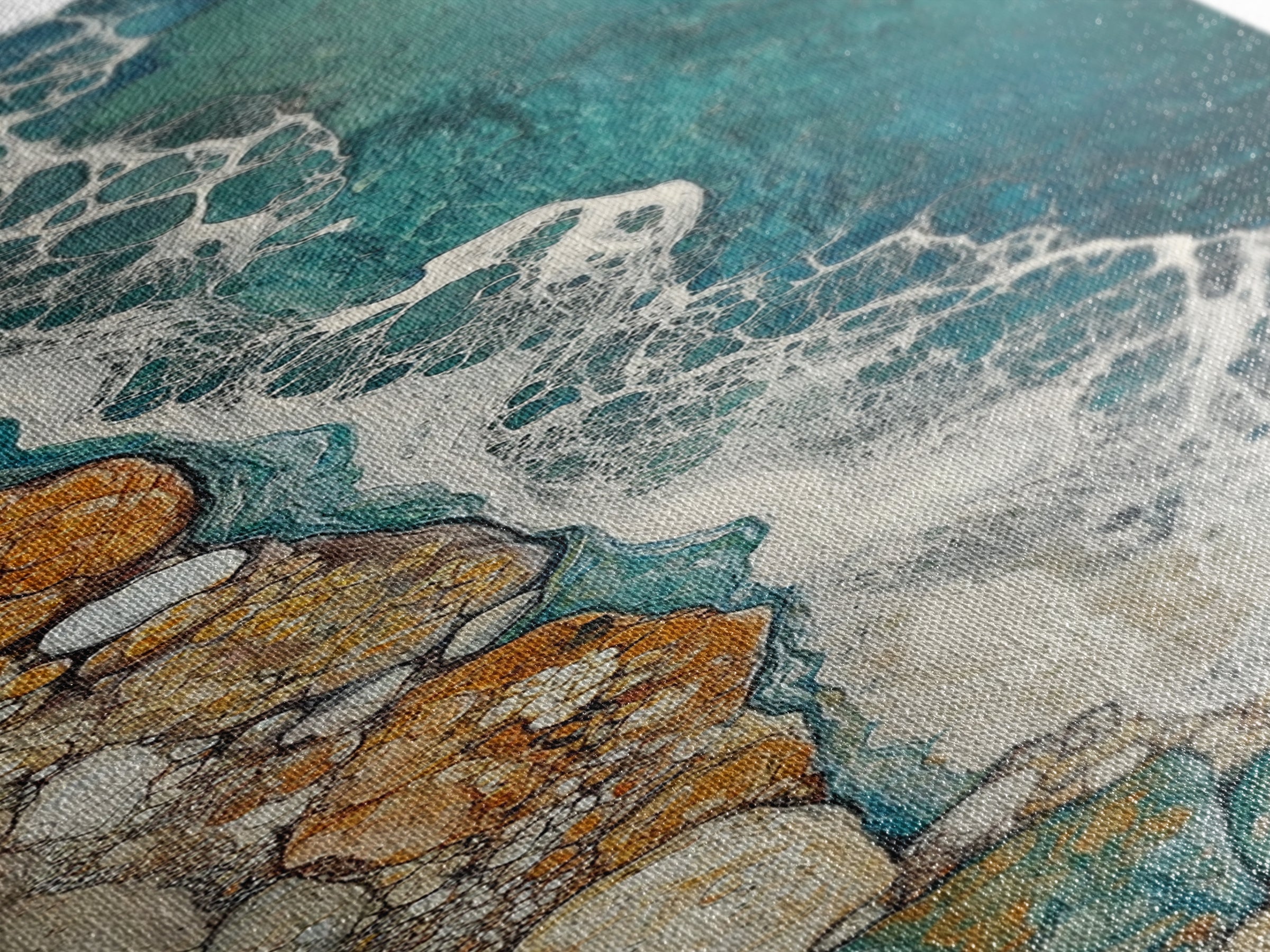 Rocky Shore, coastal painting, ocean wall art, seascape painting, extra wide art, boho art, wabi sabi art, Canvas Print