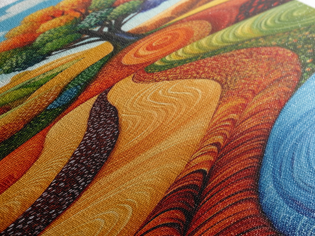 Colorful Fields, folk art, Russian folk art, pink orange wall art, bright and bold, framed canvas print, extra wide art