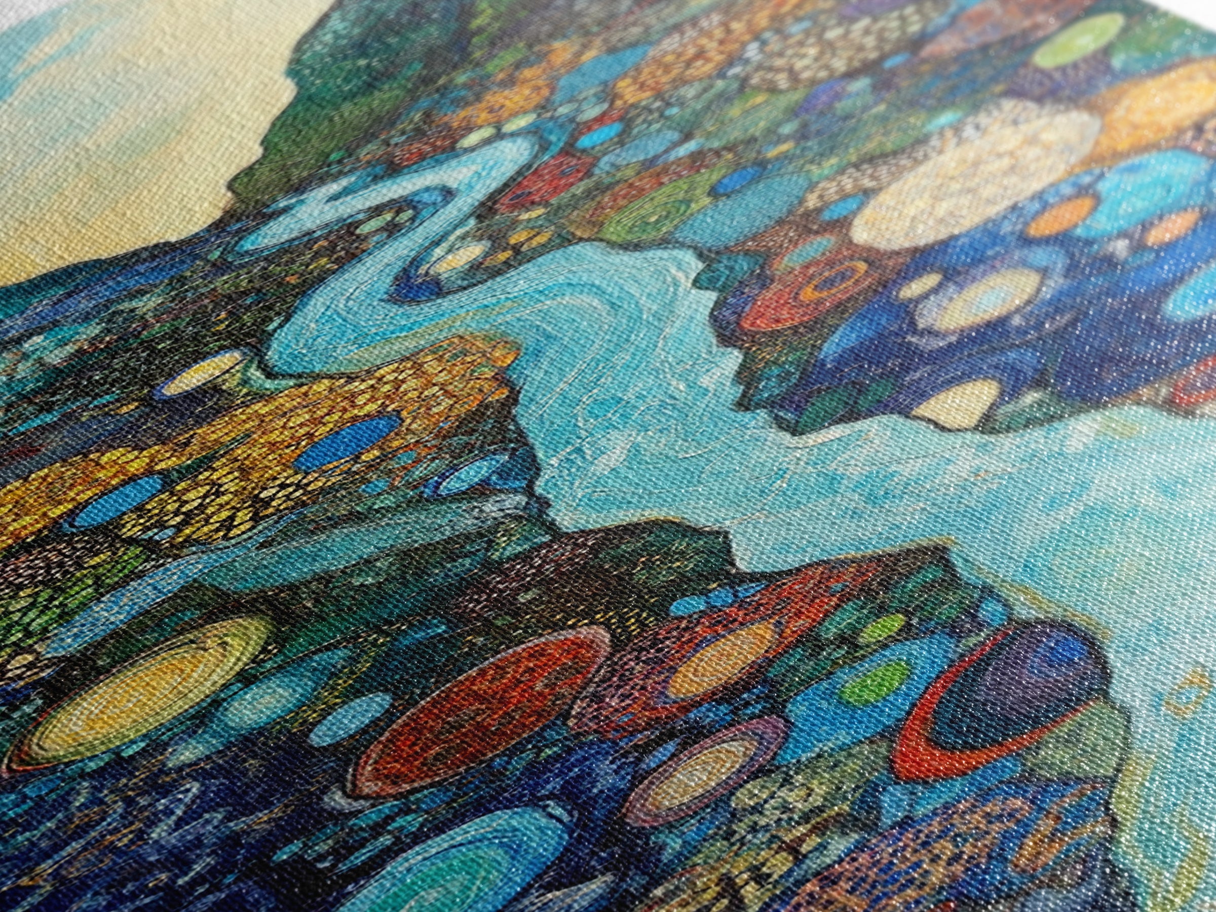 Abstract River, mosaic wall art, blue and green wall art, geometric wall art, whimsical art, framed canvas print, tall narrow art