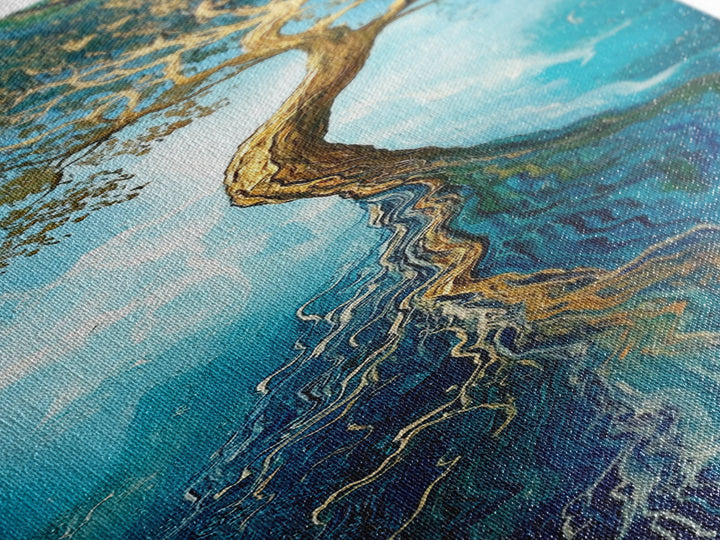 Rooted Tree, oak tree art, blue and green wall art, sacred geometry wall art, mystical art, framed canvas print, vertical wall art