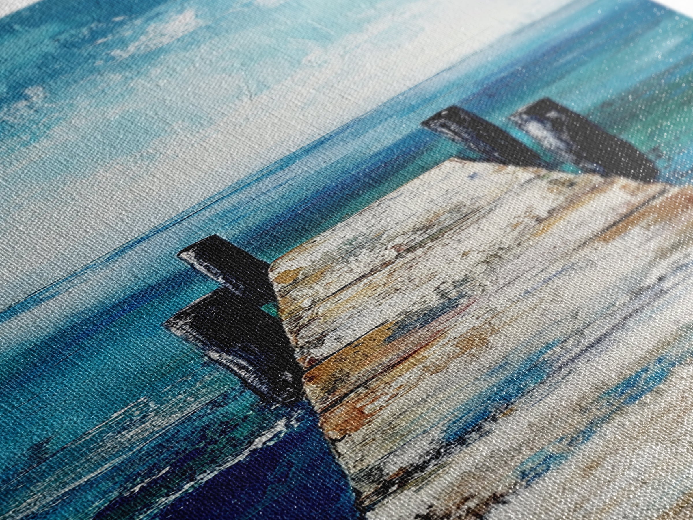 Dock on Water, Coastal Landscape Art, Nautical Wall Art, Seascape Painting, Rustic Decor, Tall Narrow Art, Canvas Print