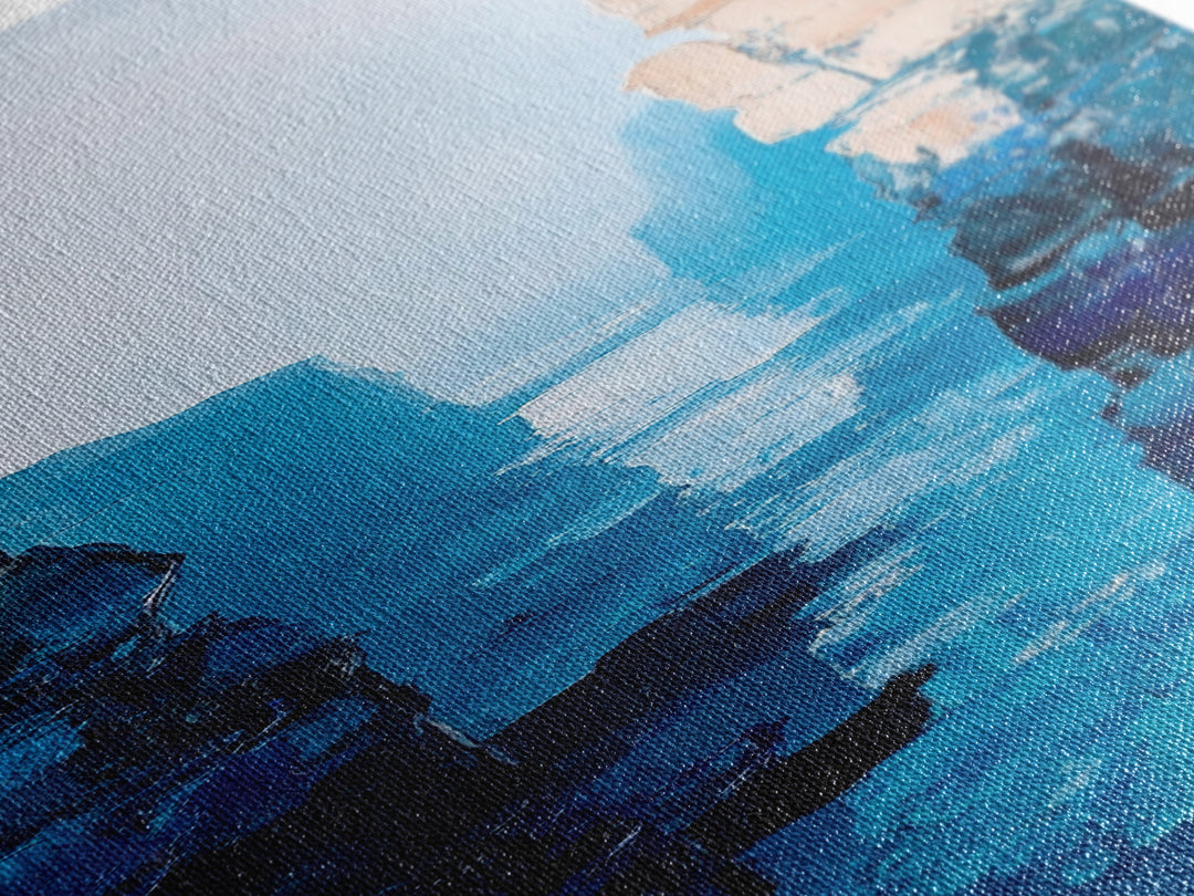 Canyon River View, landscape painting, blue and green wall art, nature lover gift, wabi sabi art, framed canvas print, vertical wall art