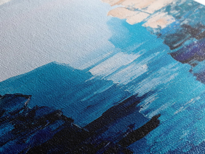 Canyon River View, landscape painting, blue and green wall art, nature lover gift, wabi sabi art, framed canvas print, vertical wall art