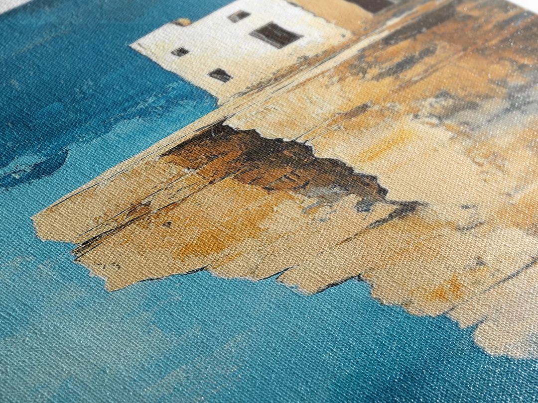 Cliff House Painting, Rustic Art, Coastal Landscape Art, Blue and Green Wall Art, Framed Canvas Print, Nautical Decor, Gift Idea