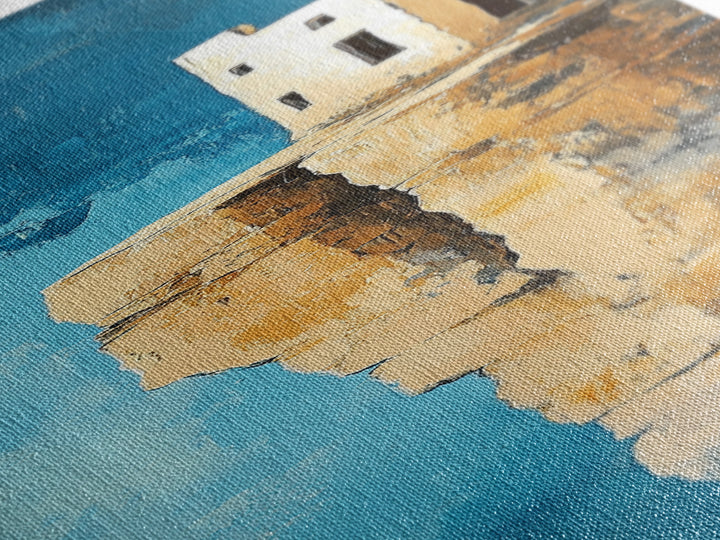 Cliff House Painting, Rustic Art, Coastal Landscape Art, Blue and Green Wall Art, Framed Canvas Print, Nautical Decor, Gift Idea