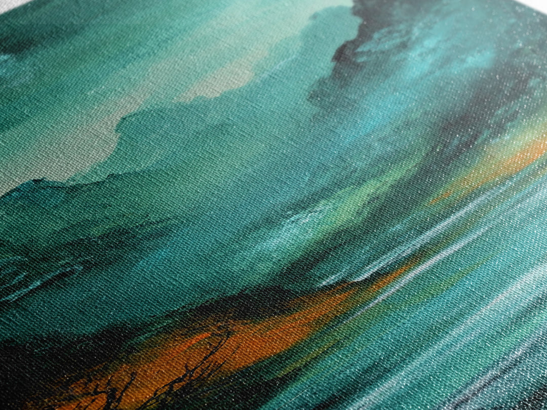 Dark Moody Landscape, Mountain Painting, Forest at Dusk Painting, Framed Canvas Print, Rustic Wall Art, Vertical Wall Art