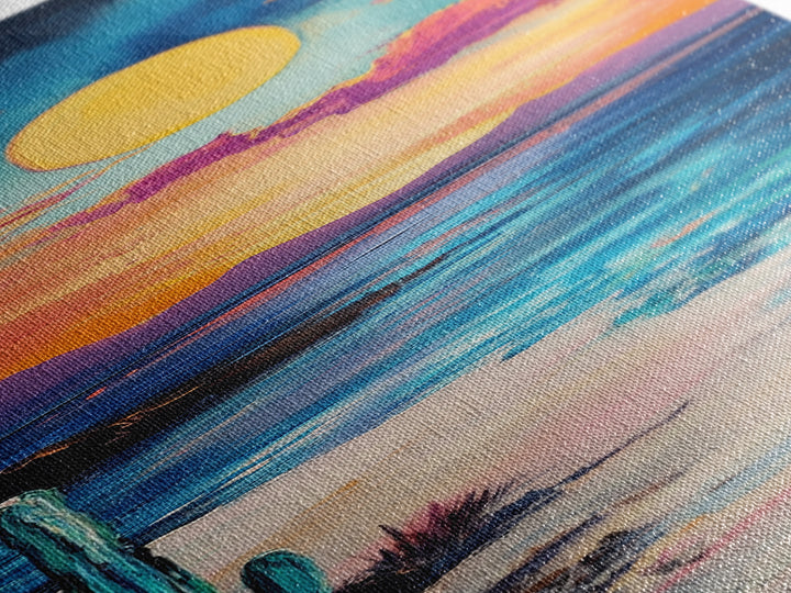 Desert Sunset, cactus painting, southwest wall art, coastal landscape art, framed canvas print, panoramic art
