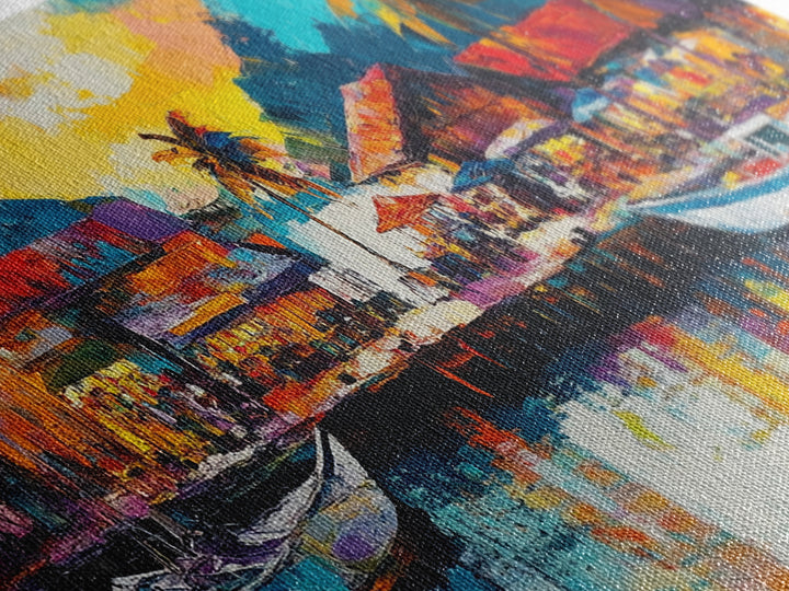 Coastal Village Painting, Nautical Wall Art, Tropical Landscape Art, Vibrant Art, Beach House Decor, Extra Wide Art, Canvas Print