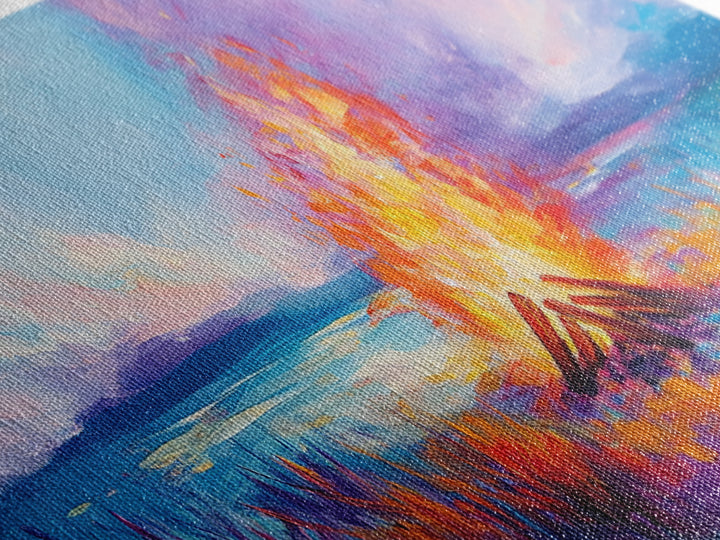 Bonfire at Sunset, Coastal Wall Art, Pink Orange Wall Art, Extra Wide Art, Horizontal Wall Art, Framed Canvas Print, Moody Art