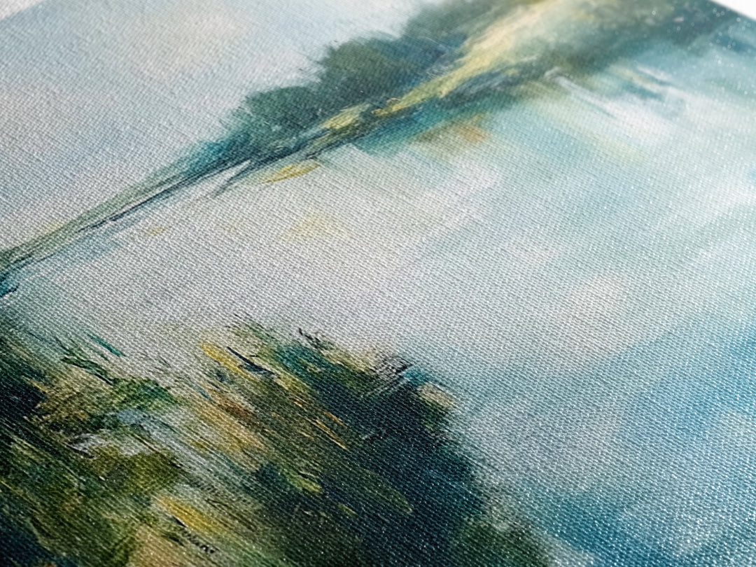 River Reflection, landscape painting, rustic wall art, sage green wall art, farmhouse art, coastal art, extra wide art, Canvas Print