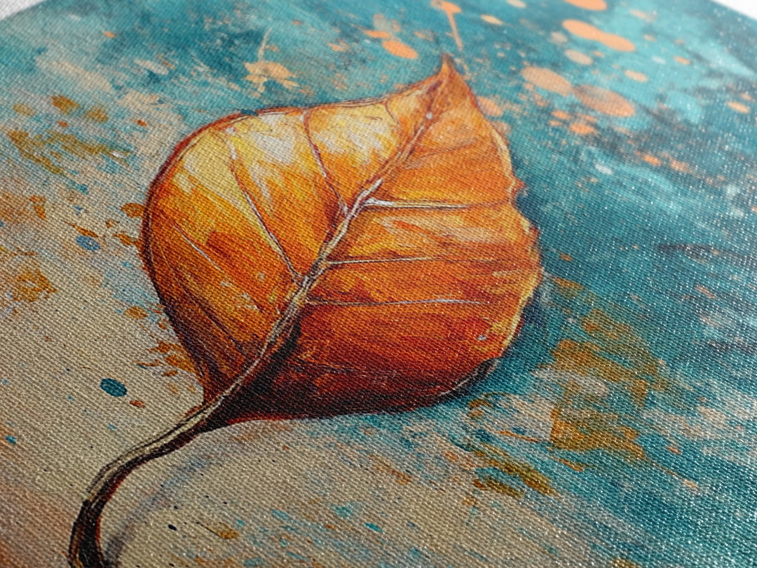 Autumn Leaf, fall painting, teal wall art, botanical prints, moody art, textured painting, gift idea for her, Canvas Print