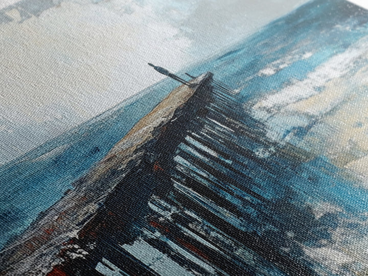 Pier at Dusk, moody art, coastal wall art, ocean painting, nautical painting, wabi sabi art, panoramic art, Canvas Print, seascape