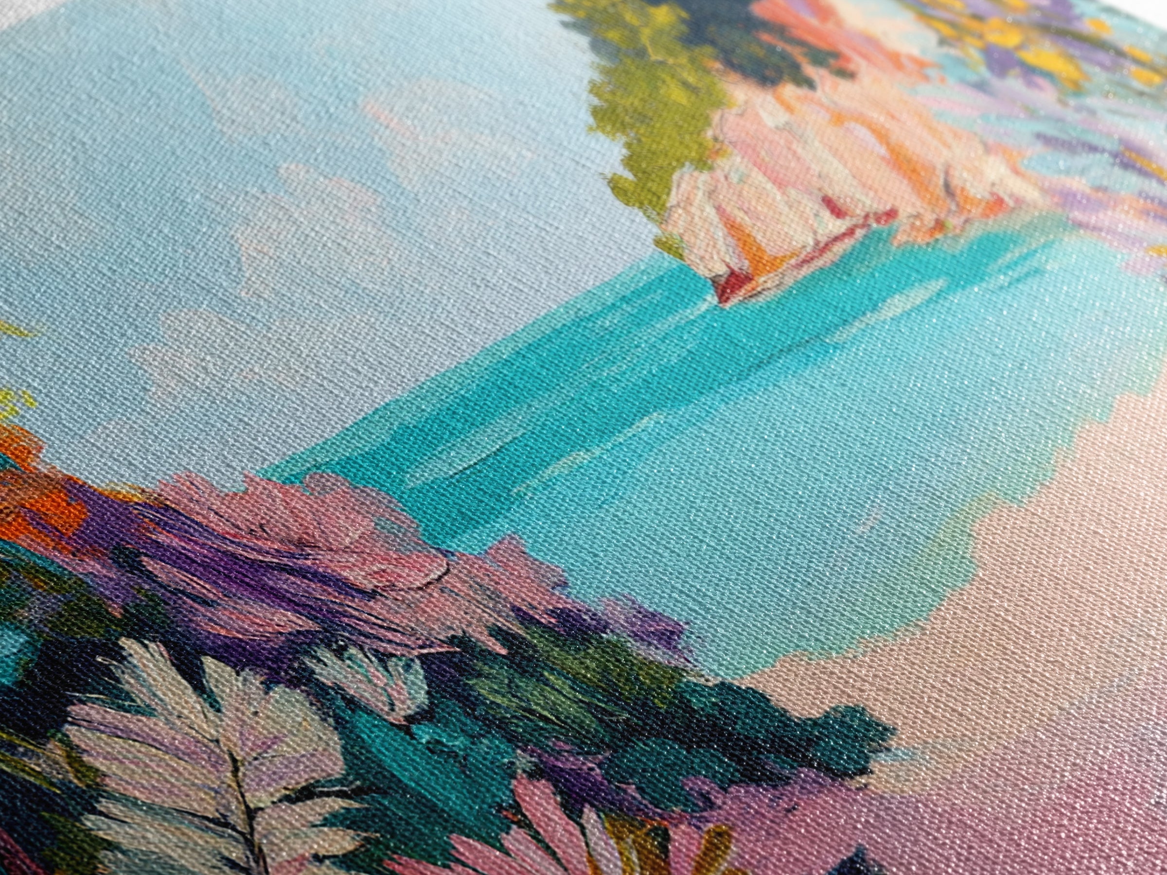Tropical Beach, coastal wall art, Hawaii art, pink orange wall art, extra wide art, panoramic painting, framed canvas print