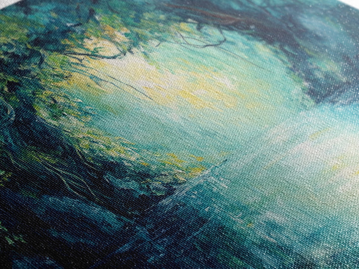Mystical River, Framed Canvas Print, landscape painting, moody art, forest at dusk painting, teal wall art, extra wide art