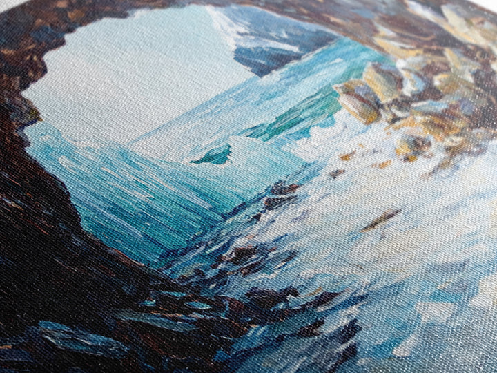 Coastal Ice Cave, Canvas Print, seascape painting, nautical decor, blue and green wall art, landscape painting, extra wide art
