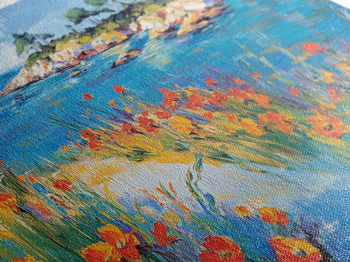 Coastal Poppies, Framed Canvas Print, California poppy art, coastal painting, wildflower painting, seascape art, above bed wall art