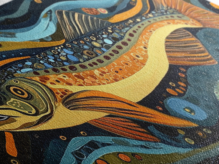 Abstract Trout Art, Fly Fishing Art, Rustic Wall Art, Whimsical Art, Framed Canvas Print, Tall Narrow Art, Living Room Art