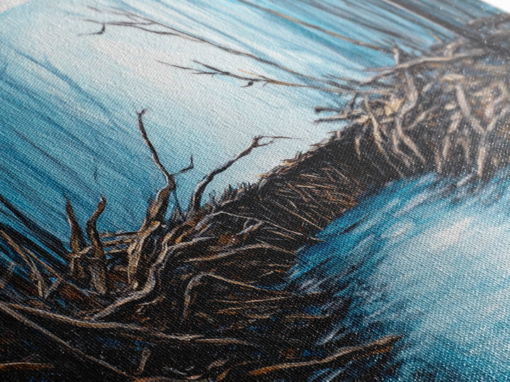 Beavers, river, landscape painting, extra wide art, panoramic painting, moody art, framed canvas print, rustic wall art, bedroom art