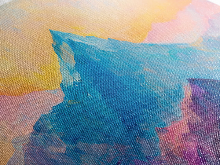 Blue Mountain, Sunset Landscape, Panoramic Art, Canvas Print, Mountain Painting, Pink Orange Wall Art, Extra Wide Art, Living Room Art