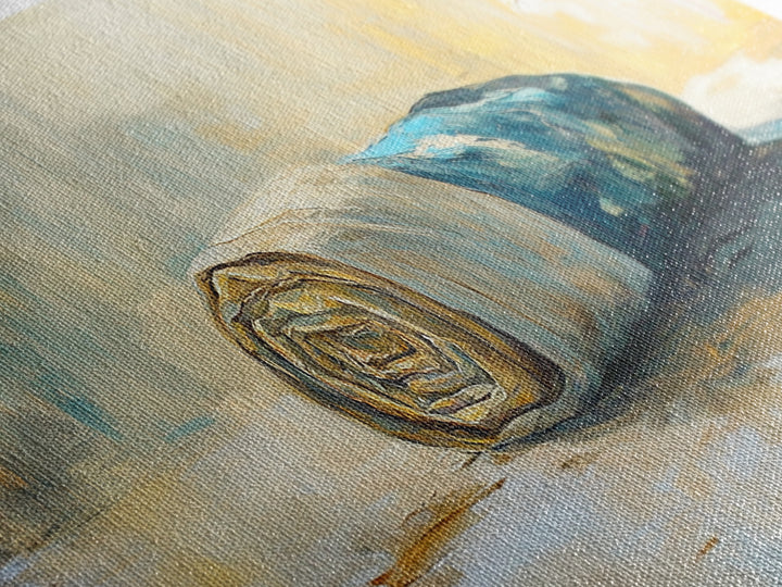 Rolled fabric, oil painting from photo, rustic decor, farmhouse art, wabi sabi art, framed canvas print, horizontal wall art, gift idea